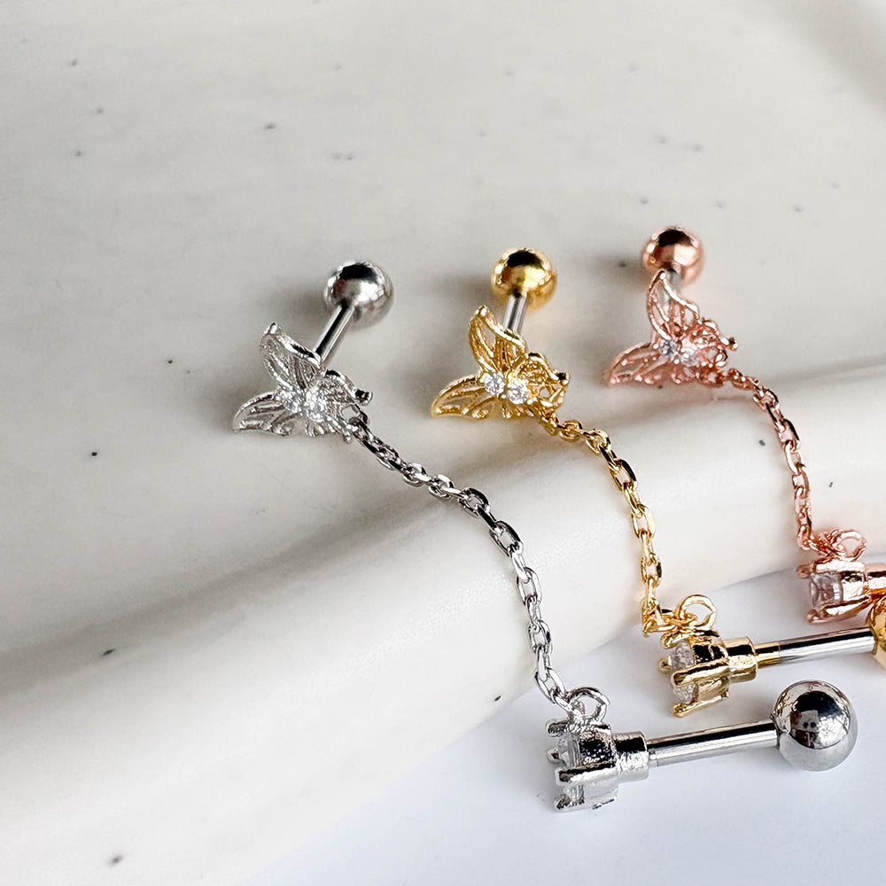 MJ 072 ［サージカルステンレス］ドロップチェーン蝶々ピアス