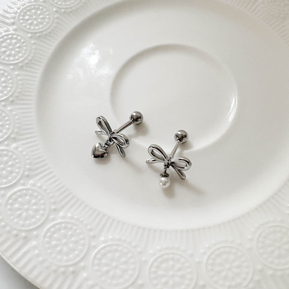 B3 039 ［サージカルステンレス］リボンパールドロップピアス