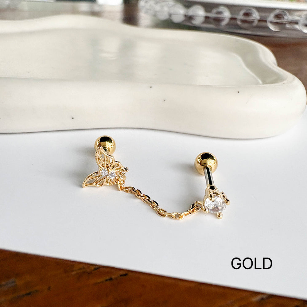 MJ 072 ［サージカルステンレス］ドロップチェーン蝶々ピアス